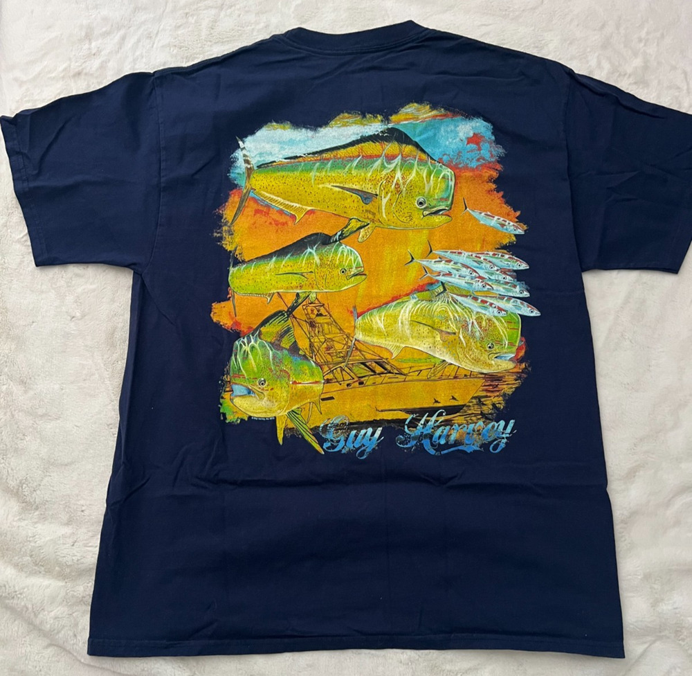Guy Harvey Mens Large Navy Blue Fishing Graphic Pocket T Shirt AFTCO